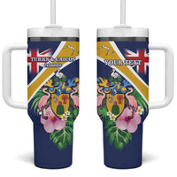 Personalised Turks And Caicos Islands Tumbler With Handle Coat Of Arms Tropical Flower - Wonder Print Shop