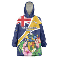 Personalised Turks And Caicos Islands Wearable Blanket Hoodie Coat Of Arms Tropical Flower - Wonder Print Shop