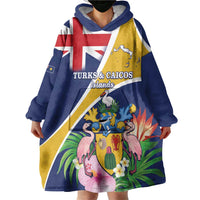 Personalised Turks And Caicos Islands Wearable Blanket Hoodie Coat Of Arms Tropical Flower - Wonder Print Shop