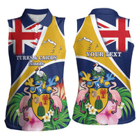 Personalised Turks And Caicos Islands Women Sleeveless Polo Shirt Coat Of Arms Tropical Flower - Wonder Print Shop