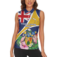Personalised Turks And Caicos Islands Women Sleeveless Polo Shirt Coat Of Arms Tropical Flower - Wonder Print Shop