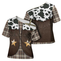 Cowboy Vest Costume Cross Shoulder Shirt Brown Beige Plaid Pattern - Wonder Print Shop