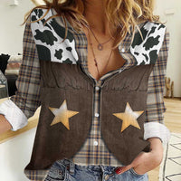 Cowboy Vest Costume Women Casual Shirt Brown Beige Plaid Pattern - Wonder Print Shop
