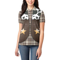 Cowboy Vest Costume Women Polo Shirt Brown Beige Plaid Pattern - Wonder Print Shop