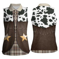 Cowboy Vest Costume Women Sleeveless Polo Shirt Brown Beige Plaid Pattern - Wonder Print Shop