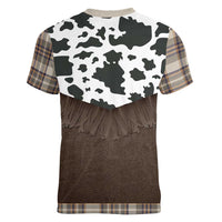 Cowboy Vest Costume Women V-Neck T-Shirt Brown Beige Plaid Pattern - Wonder Print Shop