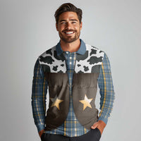 Cowboy Vest Costume Long Sleeve Polo Shirt Blue Yellow Plaid Pattern - Wonder Print Shop