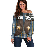 Cowboy Vest Costume Off Shoulder Sweater Blue Yellow Plaid Pattern - Wonder Print Shop