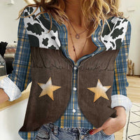 Cowboy Vest Costume Women Casual Shirt Blue Yellow Plaid Pattern - Wonder Print Shop