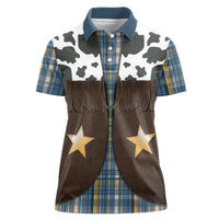 Cowboy Vest Costume Women Polo Shirt Blue Yellow Plaid Pattern - Wonder Print Shop