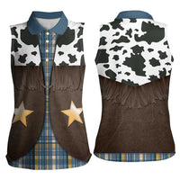 Cowboy Vest Costume Women Sleeveless Polo Shirt Blue Yellow Plaid Pattern - Wonder Print Shop