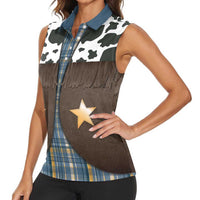 Cowboy Vest Costume Women Sleeveless Polo Shirt Blue Yellow Plaid Pattern - Wonder Print Shop