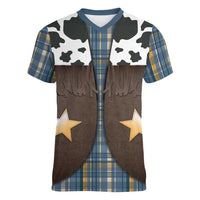 Cowboy Vest Costume Women V-Neck T-Shirt Blue Yellow Plaid Pattern - Wonder Print Shop