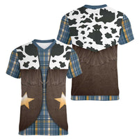Cowboy Vest Costume Women V-Neck T-Shirt Blue Yellow Plaid Pattern - Wonder Print Shop