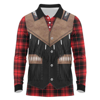 Western Cowboy Vest Style Long Sleeve Polo Shirt Black Red Plaid Pattern - Wonder Print Shop