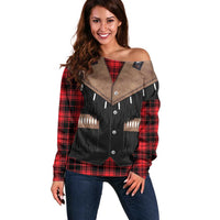 Western Cowboy Vest Style Off Shoulder Sweater Black Red Plaid Pattern - Wonder Print Shop