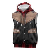 Western Cowboy Vest Style Sleeveless Hoodie Black Red Plaid Pattern - Wonder Print Shop