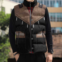 Western Cowboy Vest Style Sleeveless Puffer Jacket Black Red Plaid Pattern - Wonder Print Shop