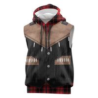 Western Cowboy Vest Style Sleeveless Zip Hoodie Black Red Plaid Pattern - Wonder Print Shop