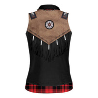 Western Cowboy Vest Style Women Sleeveless Polo Shirt Black Red Plaid Pattern - Wonder Print Shop