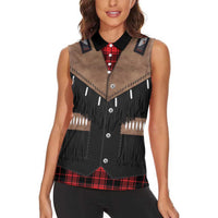 Western Cowboy Vest Style Women Sleeveless Polo Shirt Black Red Plaid Pattern - Wonder Print Shop