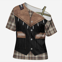 Western Cowboy Vest Style Cross Shoulder Shirt Brown Beige Plaid Pattern - Wonder Print Shop