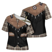 Western Cowboy Vest Style Cross Shoulder Shirt Brown Beige Plaid Pattern - Wonder Print Shop