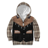 Western Cowboy Vest Style Kid Hoodie Brown Beige Plaid Pattern - Wonder Print Shop