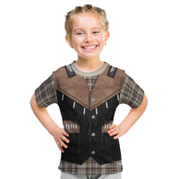 Western Cowboy Vest Style Kid T Shirt Brown Beige Plaid Pattern - Wonder Print Shop