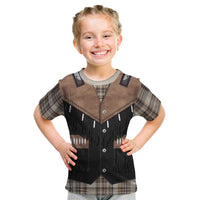 Western Cowboy Vest Style Kid T Shirt Brown Beige Plaid Pattern - Wonder Print Shop