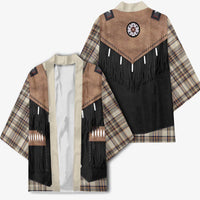Western Cowboy Vest Style Kimono Brown Beige Plaid Pattern - Wonder Print Shop