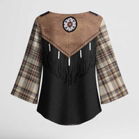 Western Cowboy Vest Style Kimono Sleeve Blouse Brown Beige Plaid Pattern - Wonder Print Shop