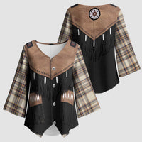 Western Cowboy Vest Style Kimono Sleeve Blouse Brown Beige Plaid Pattern - Wonder Print Shop