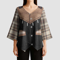 Western Cowboy Vest Style Kimono Sleeve Blouse Brown Beige Plaid Pattern - Wonder Print Shop