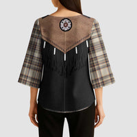 Western Cowboy Vest Style Kimono Sleeve Blouse Brown Beige Plaid Pattern - Wonder Print Shop