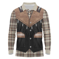 Western Cowboy Vest Style Long Sleeve Polo Shirt Brown Beige Plaid Pattern - Wonder Print Shop