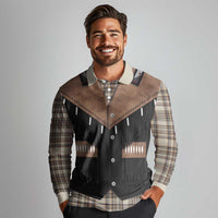 Western Cowboy Vest Style Long Sleeve Polo Shirt Brown Beige Plaid Pattern - Wonder Print Shop