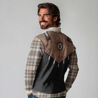 Western Cowboy Vest Style Long Sleeve Polo Shirt Brown Beige Plaid Pattern - Wonder Print Shop