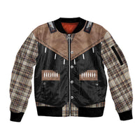 Western Cowboy Vest Style Sleeve Zip Bomber Jacket Brown Beige Plaid Pattern - Wonder Print Shop