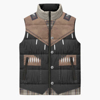 Western Cowboy Vest Style Sleeveless Puffer Jacket Brown Beige Plaid Pattern - Wonder Print Shop
