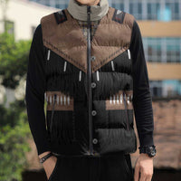 Western Cowboy Vest Style Sleeveless Puffer Jacket Brown Beige Plaid Pattern - Wonder Print Shop