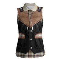 Western Cowboy Vest Style Women Sleeveless Polo Shirt Brown Beige Plaid Pattern - Wonder Print Shop