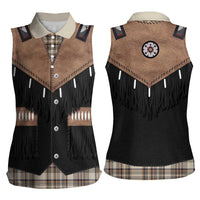 Western Cowboy Vest Style Women Sleeveless Polo Shirt Brown Beige Plaid Pattern - Wonder Print Shop