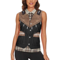 Western Cowboy Vest Style Women Sleeveless Polo Shirt Brown Beige Plaid Pattern - Wonder Print Shop