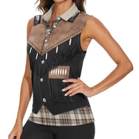 Western Cowboy Vest Style Women Sleeveless Polo Shirt Brown Beige Plaid Pattern - Wonder Print Shop