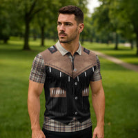 Western Cowboy Vest Style Zipper Polo Shirt Brown Beige Plaid Pattern - Wonder Print Shop