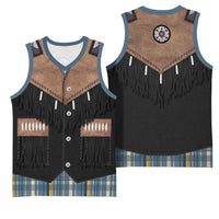 Western Cowboy Vest Style Basketball Jersey Blue Yellow Plaid Pattern - Wonder Print Shop