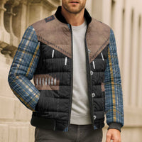 Western Cowboy Vest Style Bomber Puffer Jacket Blue Yellow Plaid Pattern - Wonder Print Shop