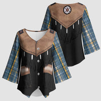 Western Cowboy Vest Style Kimono Sleeve Blouse Blue Yellow Plaid Pattern - Wonder Print Shop
