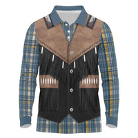 Western Cowboy Vest Style Long Sleeve Polo Shirt Blue Yellow Plaid Pattern - Wonder Print Shop
